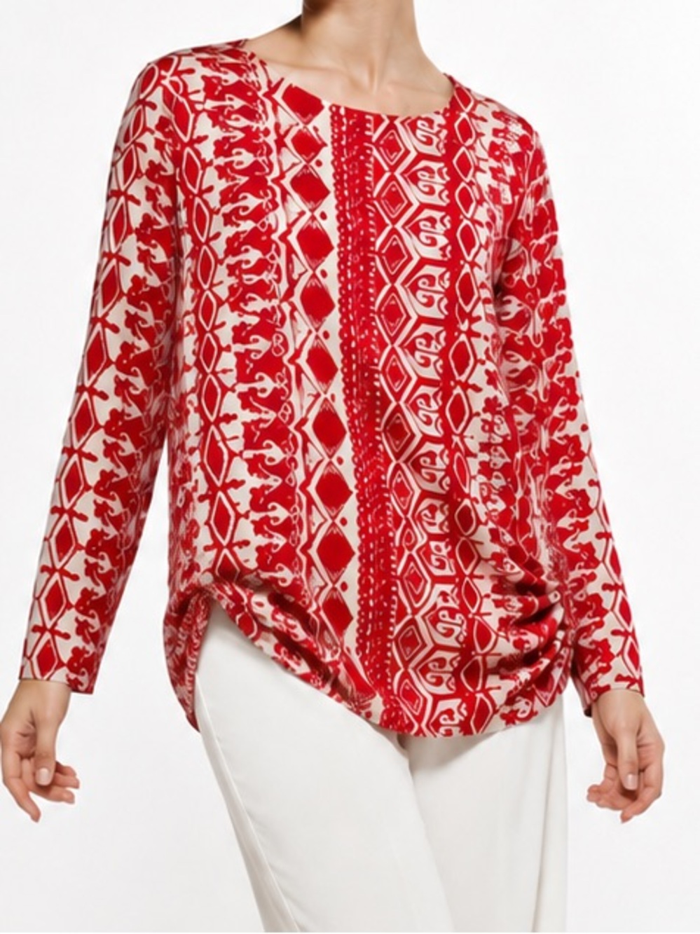 CHICOS Boho Soft Knit Red & Cream Ikat Print Long Sleeve Top w Gathered Sides